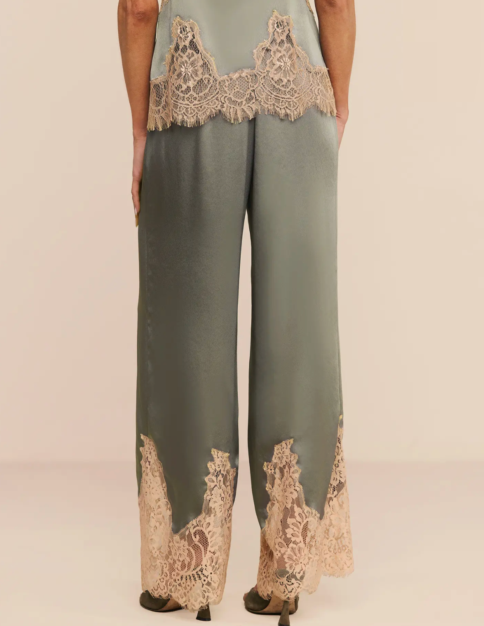 Back view of L'AGENCE Mirel Lace Trim Pant in Smokey Olive