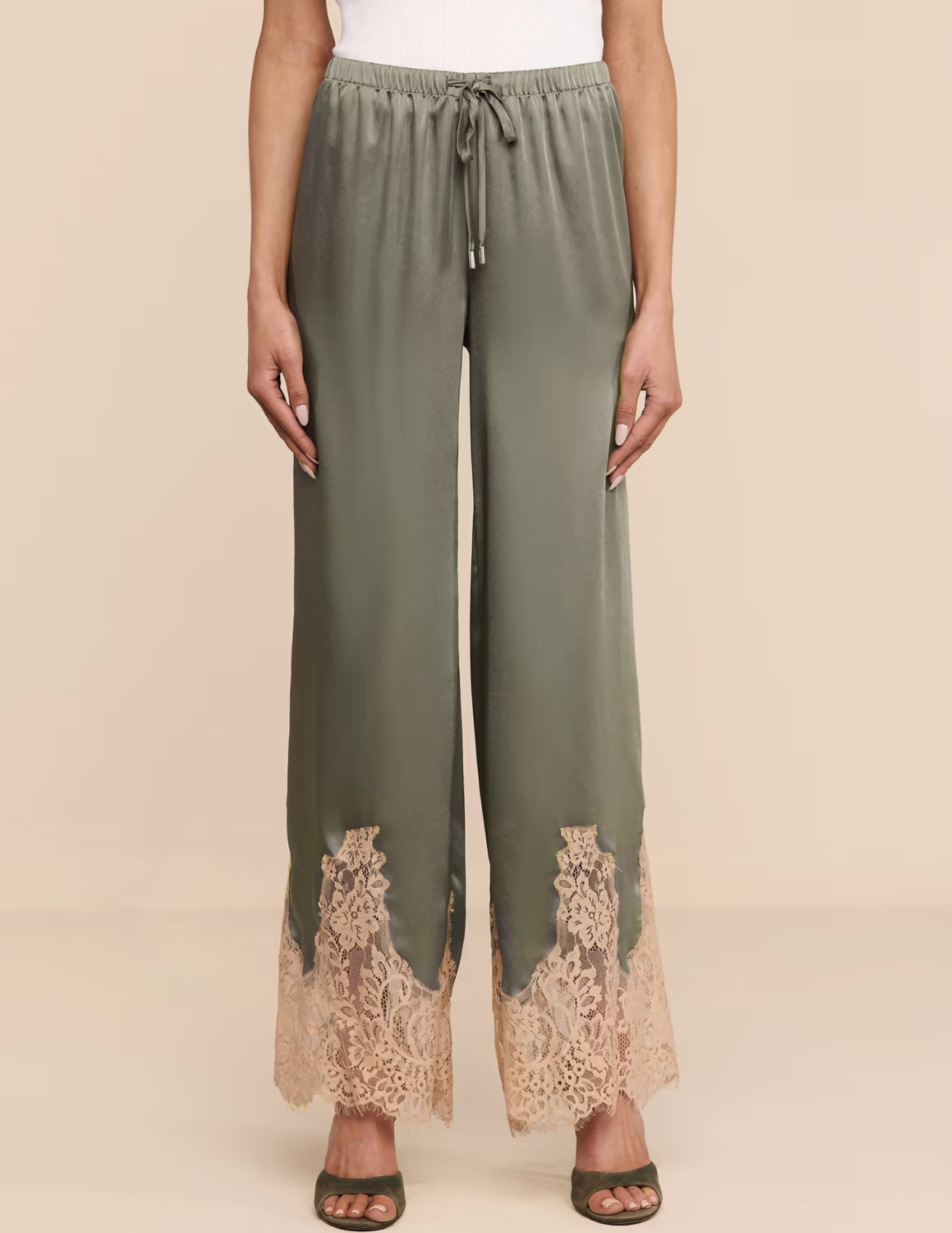 L'AGENCE Mirel Lace Trim Pant in Smokey Olive and Praline front view