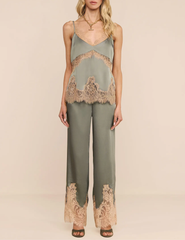 Model wearing L'AGENCE Mirel Lace Trim Pant with coordinating lace camisole