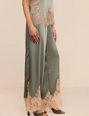 Side view of L'AGENCE Mirel satin pants with praline lace trim