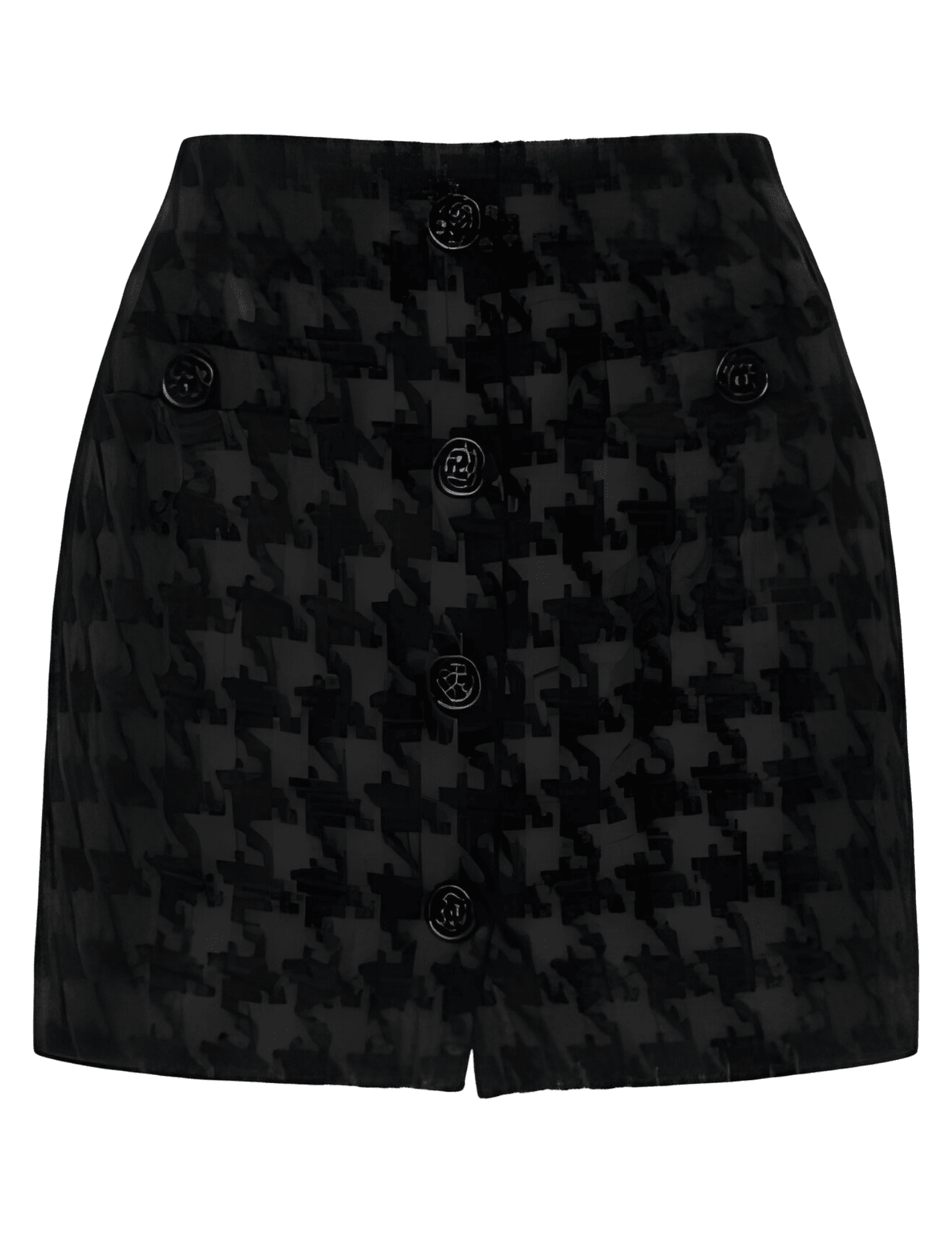 L’AGENCE Mireya Button Front Mini Skirt in black houndstooth jacquard – front flat lay view.