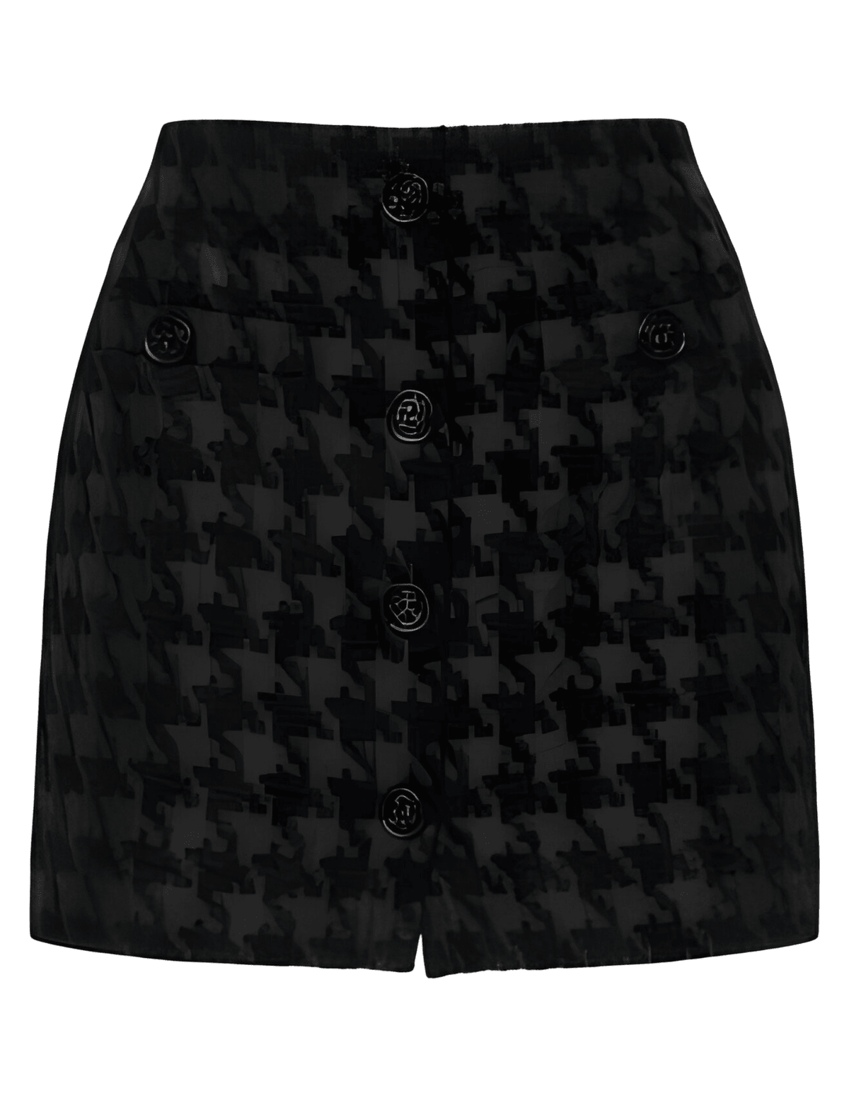 L’AGENCE Mireya Button Front Mini Skirt in black houndstooth jacquard – front flat lay view.