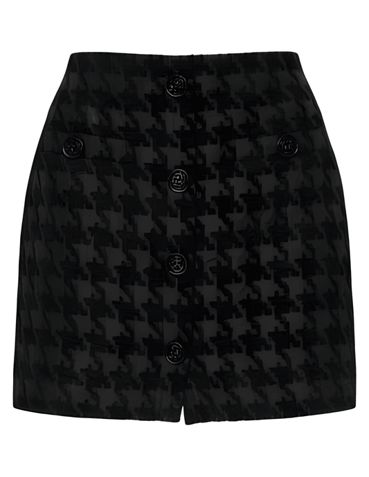 L’AGENCE Mireya Button Front Mini Skirt in black houndstooth jacquard – front flat lay view.