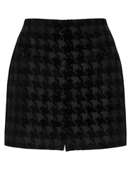 L’AGENCE Mireya Button Front Mini Skirt in black houndstooth jacquard – front flat lay view.