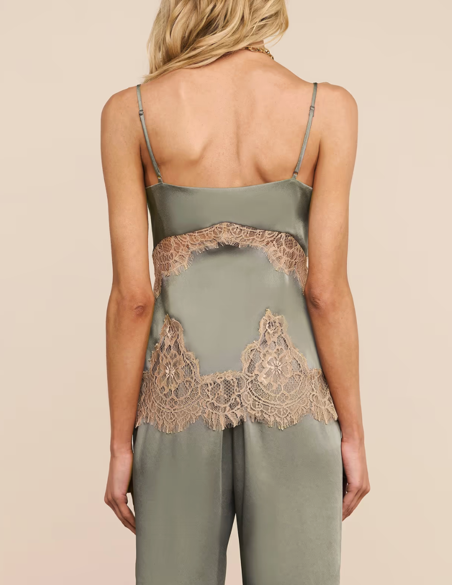 Back view of L'AGENCE Mitsu Lace Trim Camisole in Smokey Olive