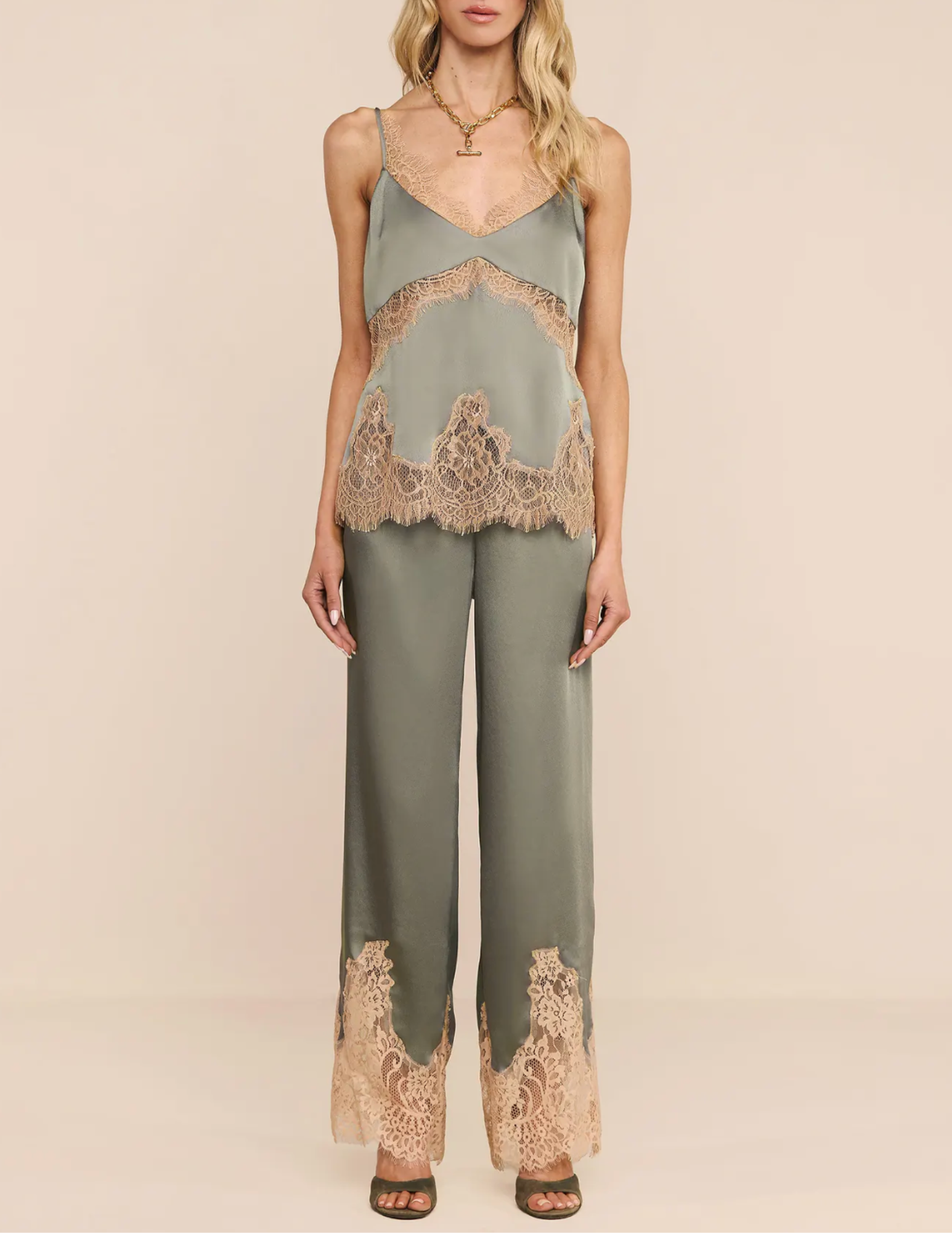 Model wearing L'AGENCE Mitsu Camisole with coordinating Mirel Lace Trim Pant