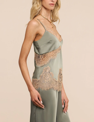 Side view of L'AGENCE Mitsu satin camisole with Chantilly lace trim