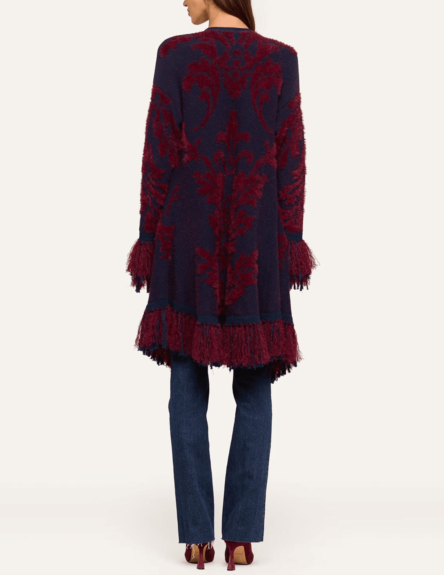 Back view of L’AGENCE Naiad Jacquard Fringe Cardigan in Midnight & Burgundy