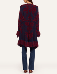 Back view of L’AGENCE Naiad Jacquard Fringe Cardigan in Midnight & Burgundy