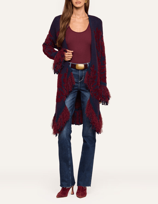 Front view of L’AGENCE Naiad Jacquard Fringe Cardigan in Midnight & Burgundy