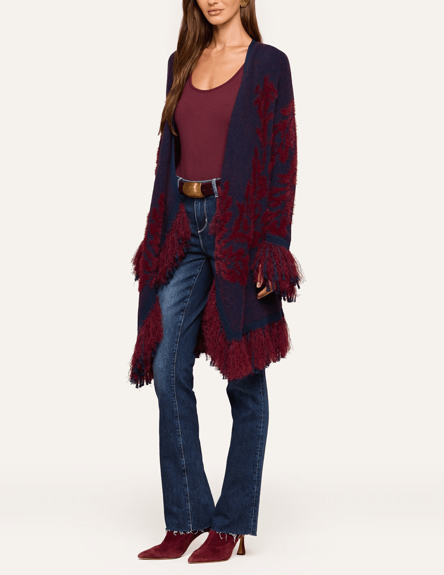 Side view of L’AGENCE Naiad Jacquard Fringe Cardigan in Midnight & Burgundy