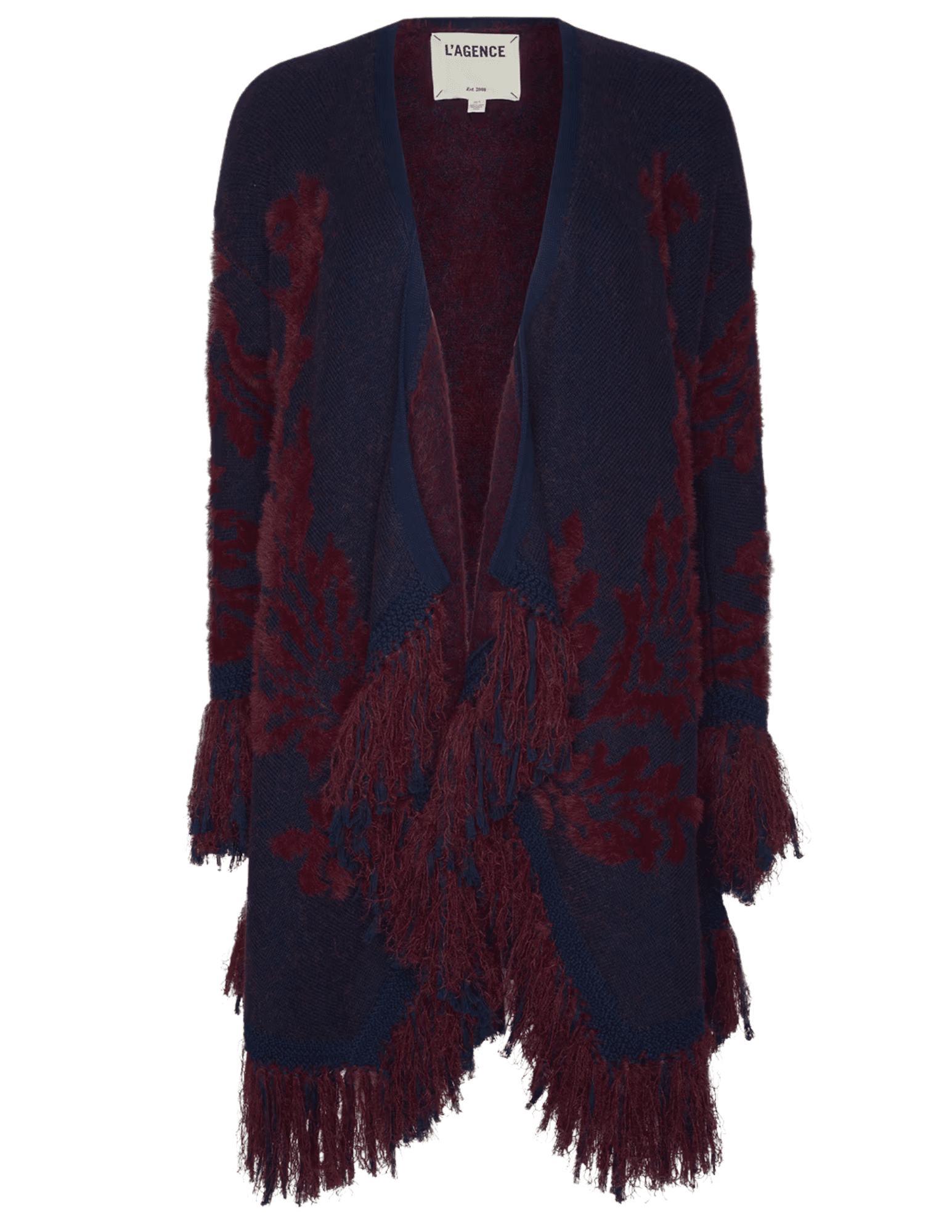 L’AGENCE Naiad Jacquard Fringe Cardigan in Midnight & Burgundy