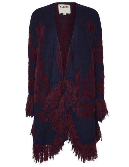 L’AGENCE Naiad Jacquard Fringe Cardigan in Midnight & Burgundy
