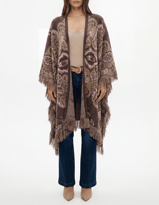 L'AGENCE Naoko Jacquard Poncho in Brown Multi on model