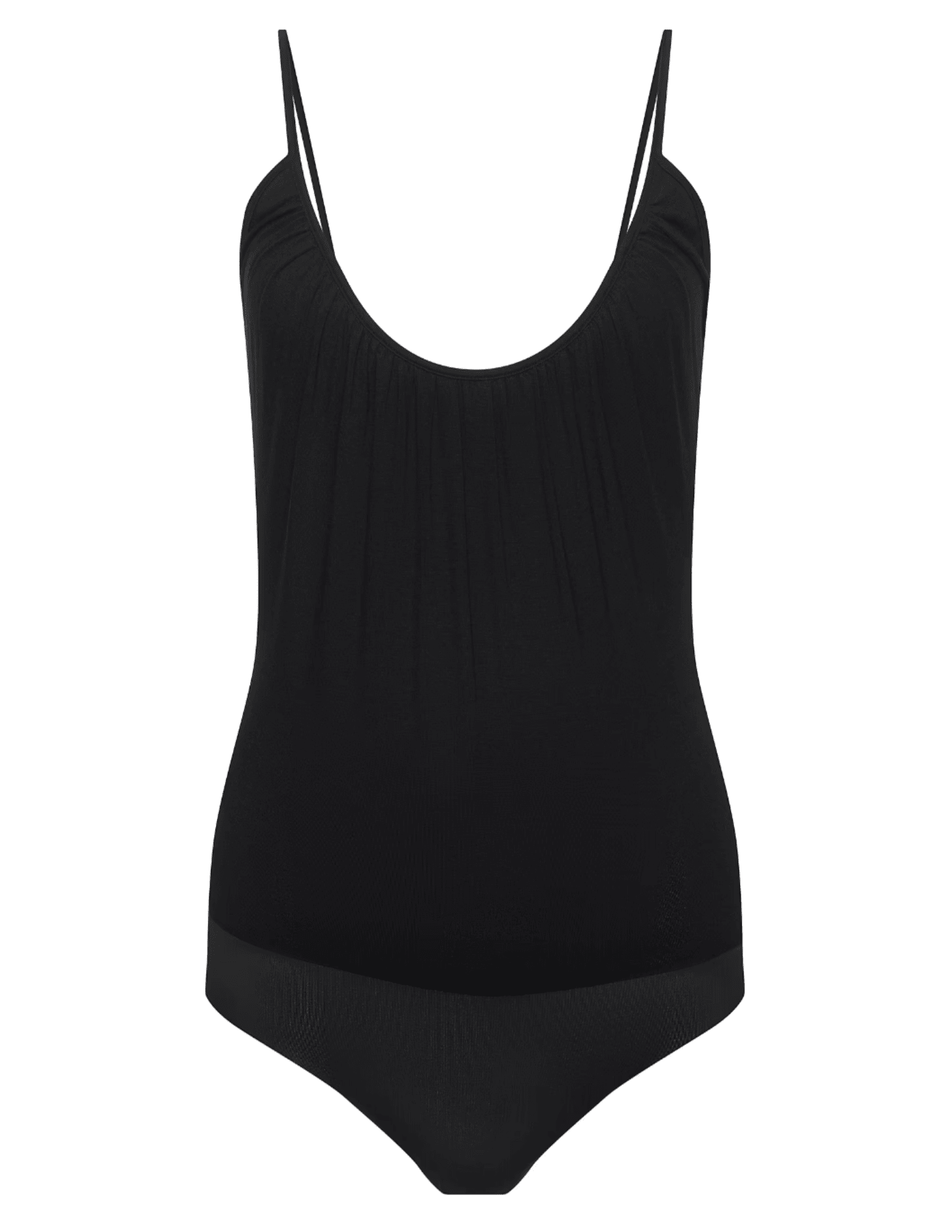 Model wearing L’AGENCE Naseem Ruched Bodysuit in black with ruched scoop neckline