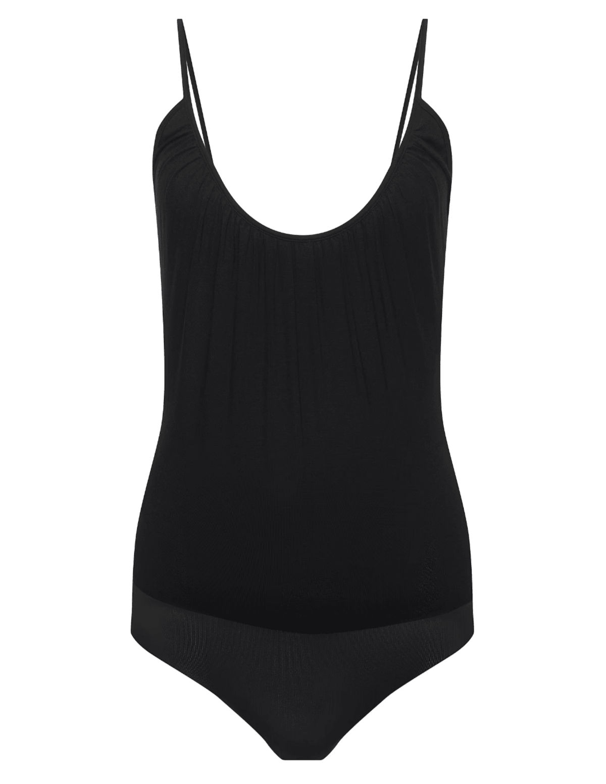 Model wearing L’AGENCE Naseem Ruched Bodysuit in black with ruched scoop neckline