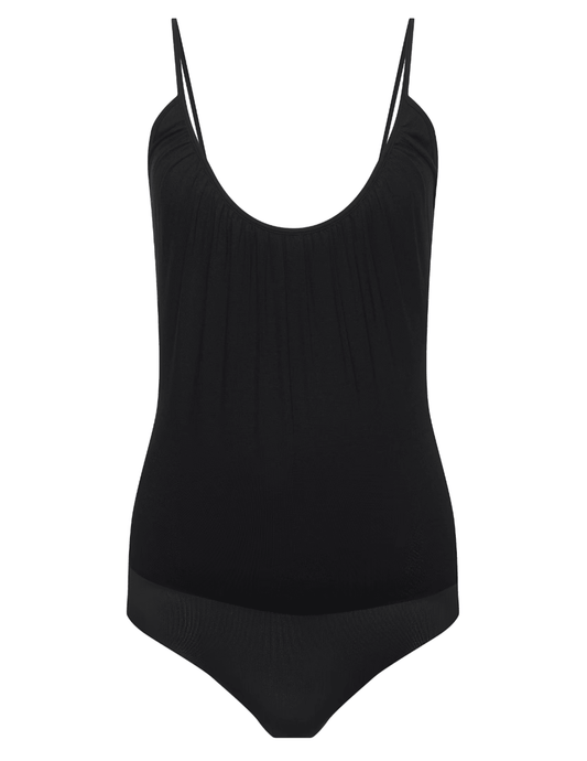 Model wearing L’AGENCE Naseem Ruched Bodysuit in black with ruched scoop neckline