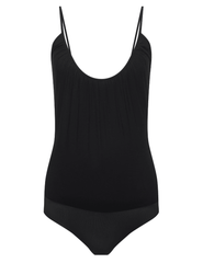 Model wearing L’AGENCE Naseem Ruched Bodysuit in black with ruched scoop neckline