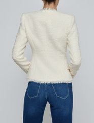 Back view of L’AGENCE Nerina collarless structured blazer in ivory with gold logo buttons
