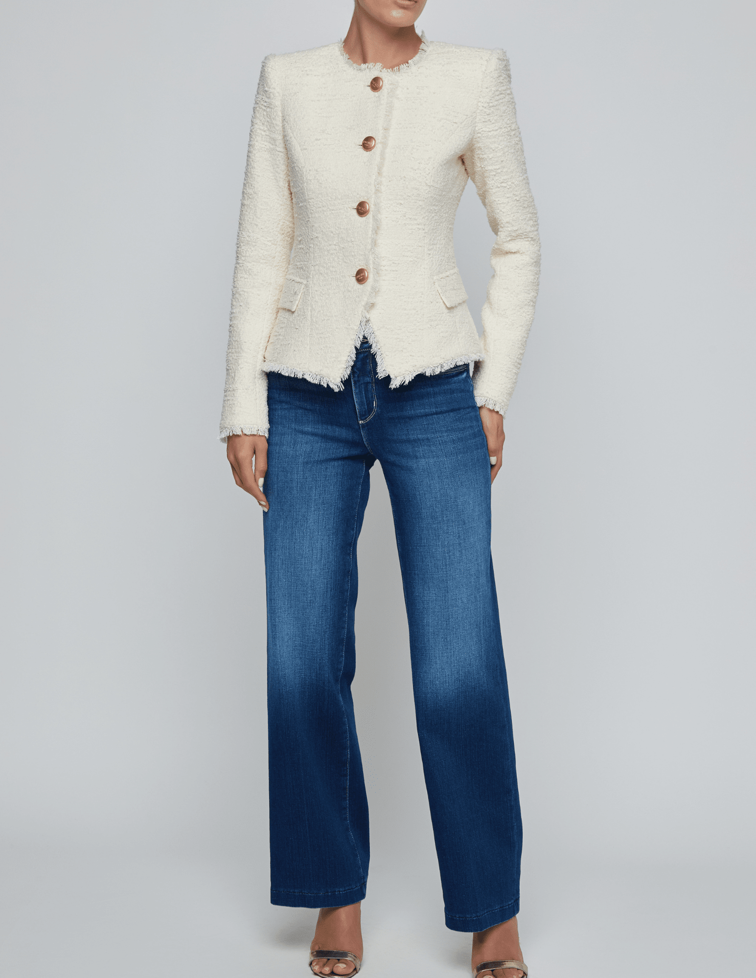 L’AGENCE Nerina collarless structured blazer in ivory with gold logo buttons full body