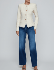 L’AGENCE Nerina collarless structured blazer in ivory with gold logo buttons full body