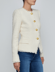 Side view of L’AGENCE Nerina collarless structured blazer in ivory with gold logo buttons