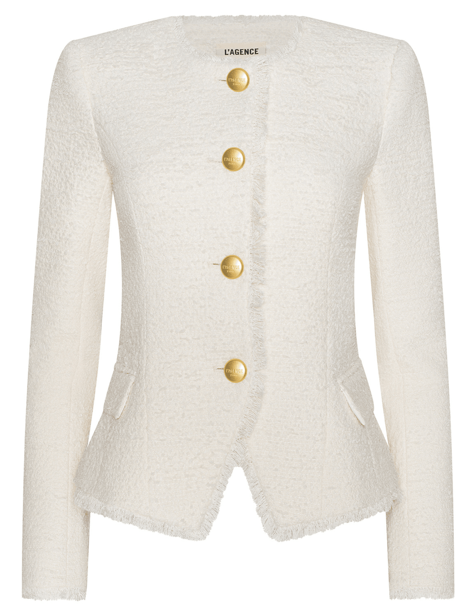 L’AGENCE Nerina collarless structured blazer in ivory with gold logo buttons