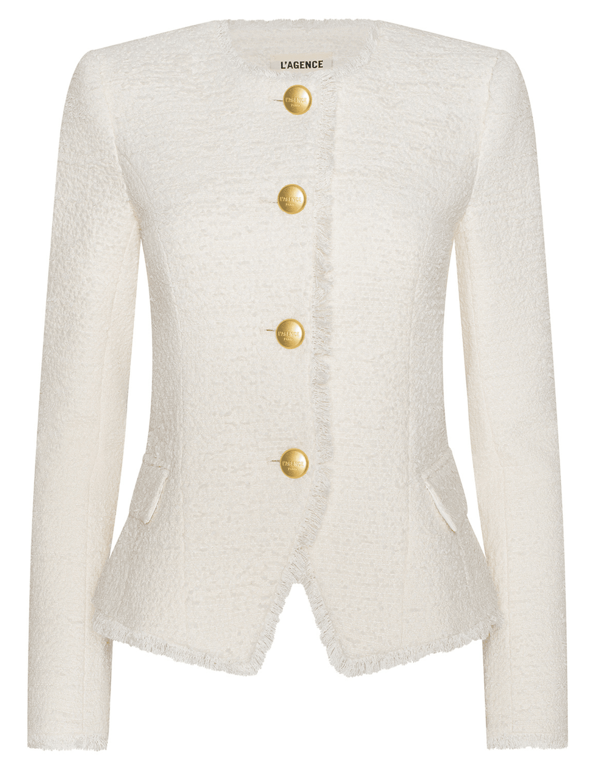 L’AGENCE Nerina collarless structured blazer in ivory with gold logo buttons