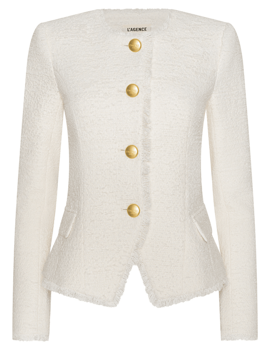 L’AGENCE Nerina collarless structured blazer in ivory with gold logo buttons