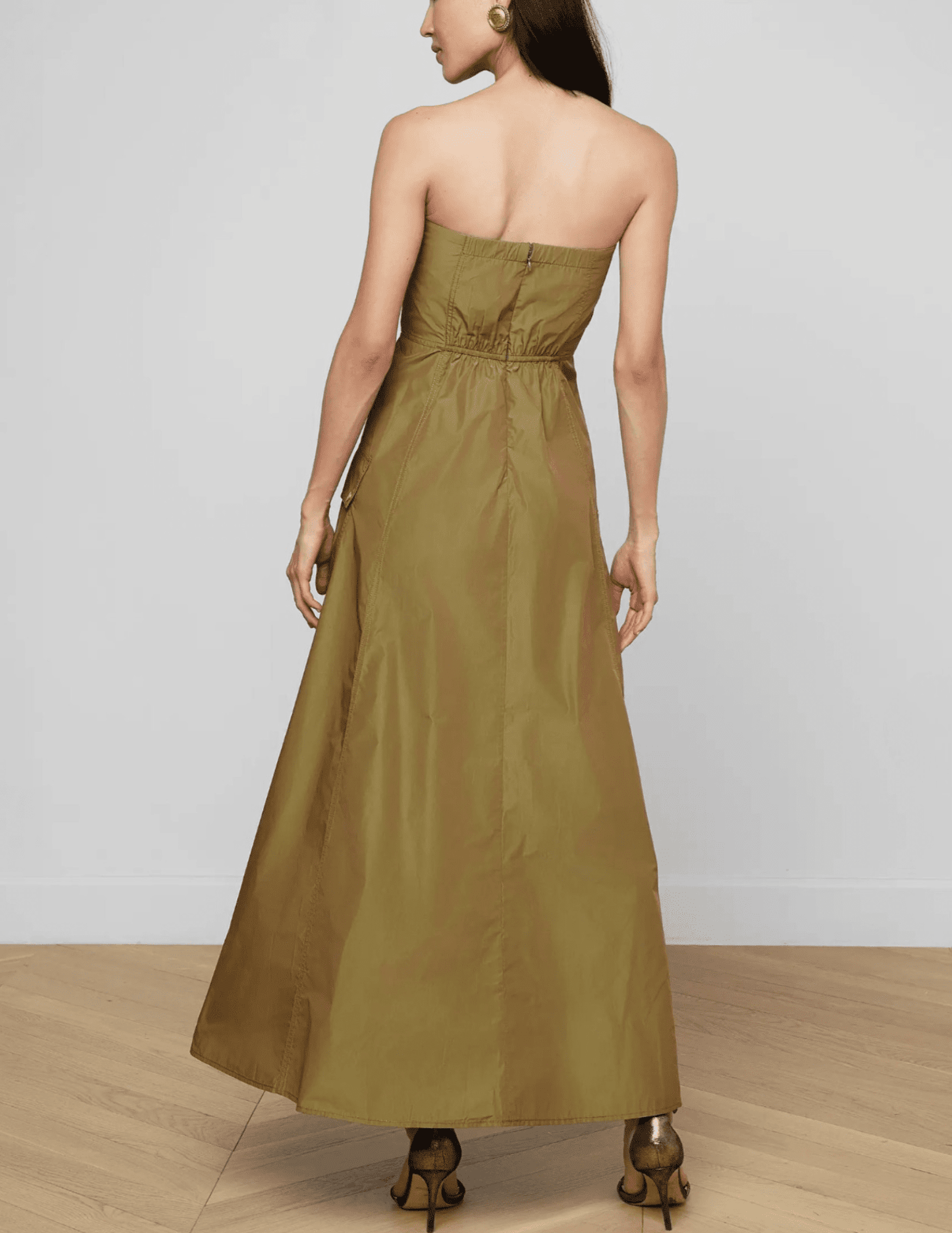 L’Agence Nessa strapless maxi gown olive full length back view