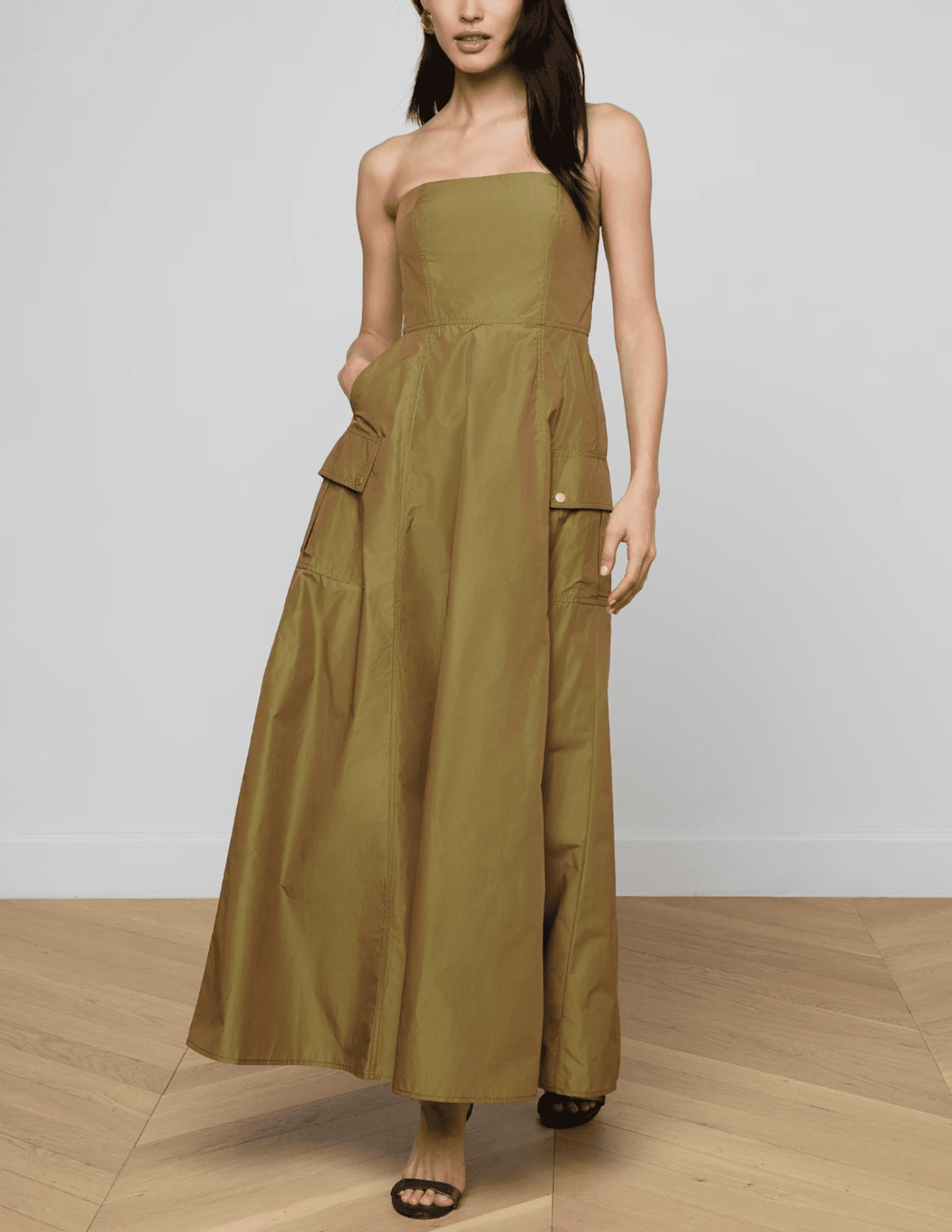 L’Agence Nessa strapless maxi gown olive full length front view