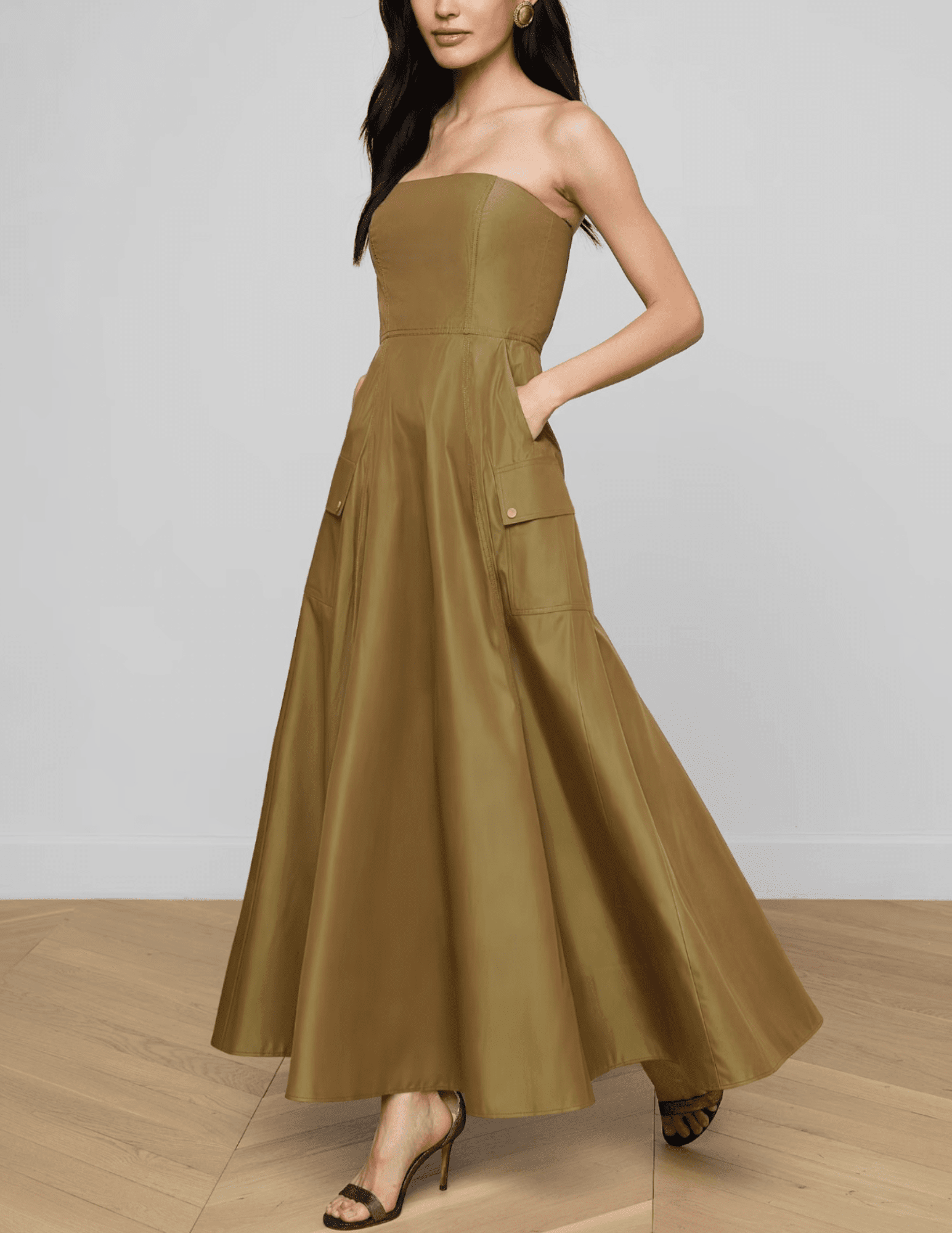 L’Agence Nessa strapless maxi gown olive full length side view