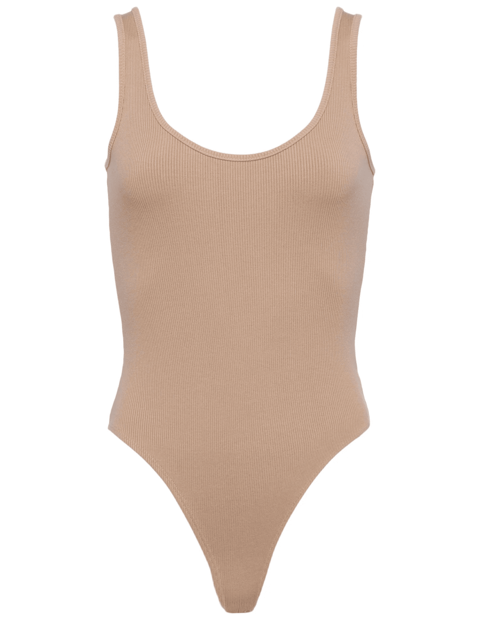 L’AGENCE Nica Scoop Neck Bodysuit in Cappuccino beige, flat lay front view on white background.