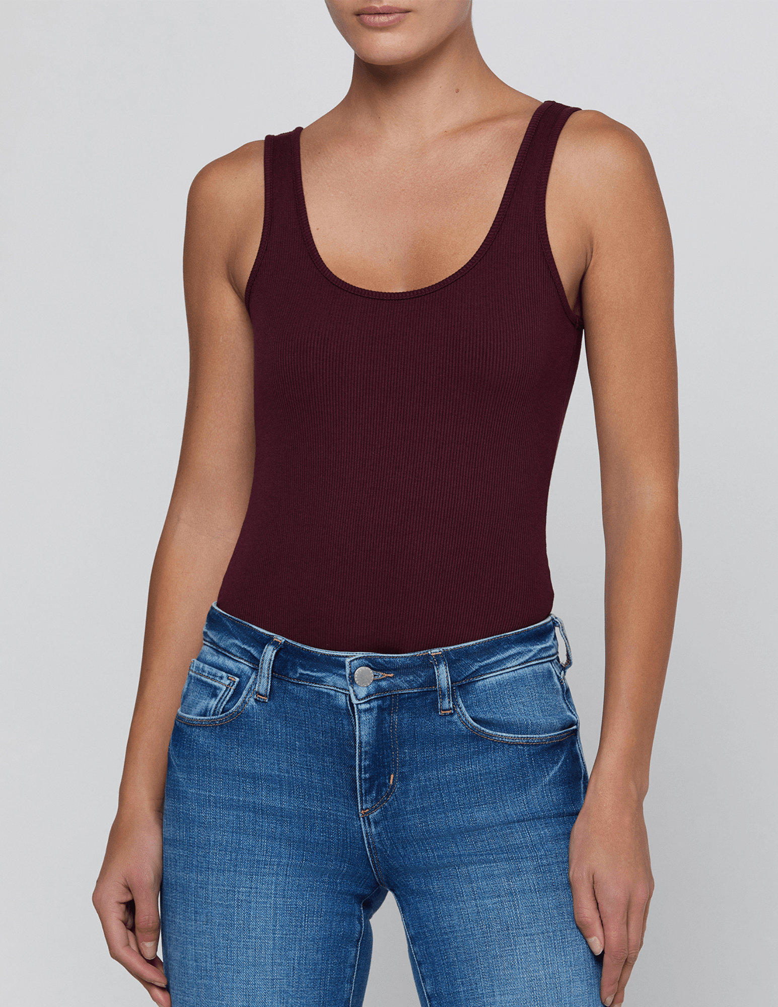 Front view L'AGENCE Nica Scoop Neck Bodysuit in Deep Sangria
