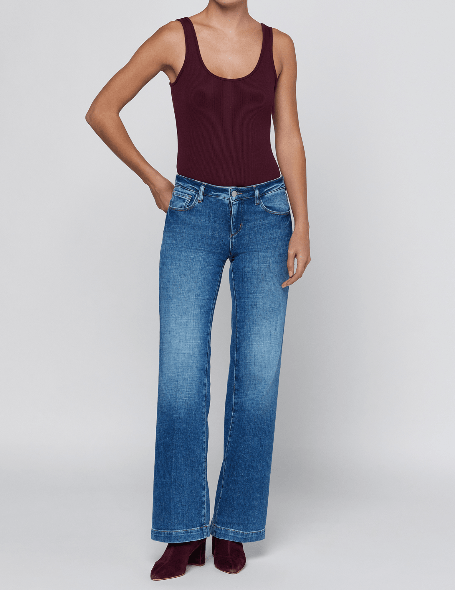 L'AGENCE Nica Scoop Neck Bodysuit in Deep Sangria with jeans