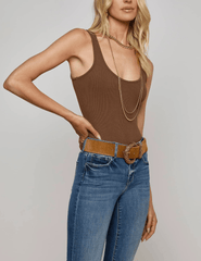 Side view of model wearing L’AGENCE Nica Scoop Neck Bodysuit in Sequoia Brown