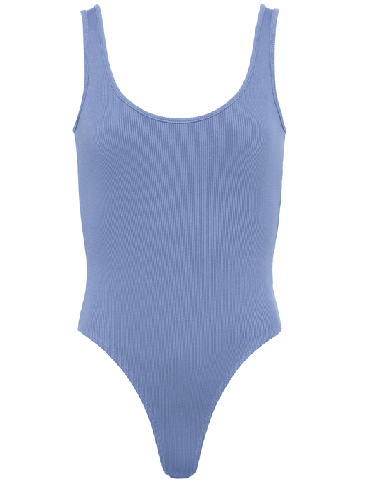 L’AGENCE Nica Scoop Neck Bodysuit in Wild Wind blue, flat lay front view on white background.