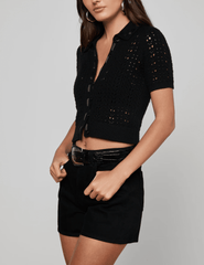 L’AGENCE Ninette black pointelle knit short sleeve top side view
