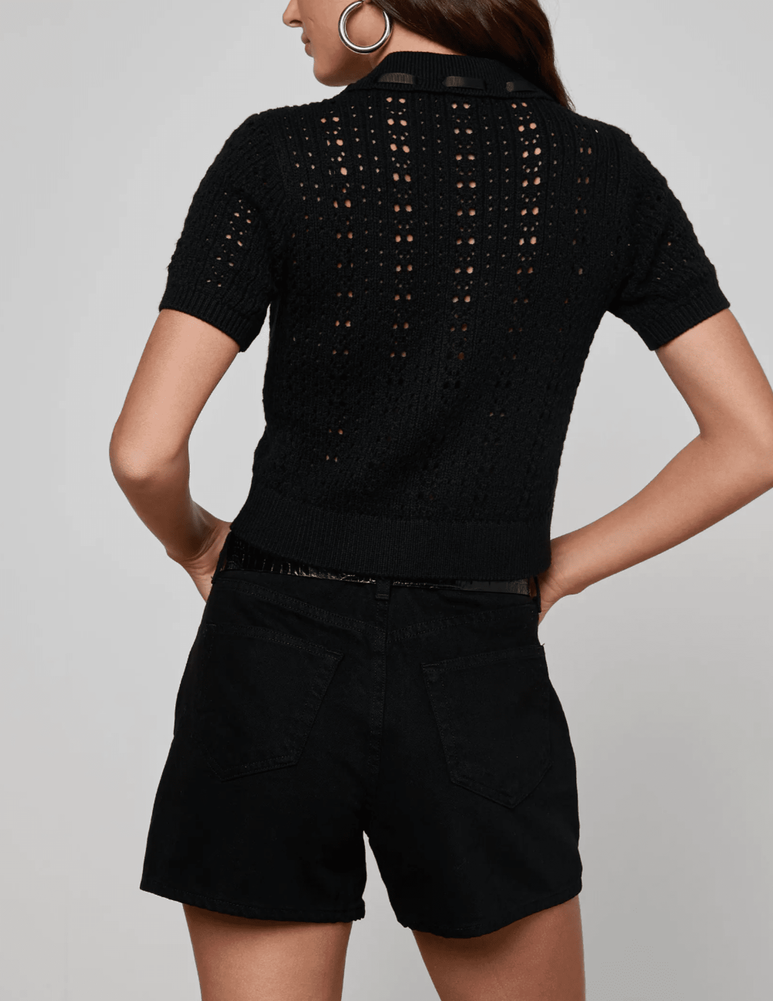 L’AGENCE Ninette black pointelle knit short sleeve top back view