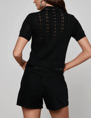 L’AGENCE Ninette black pointelle knit short sleeve top back view