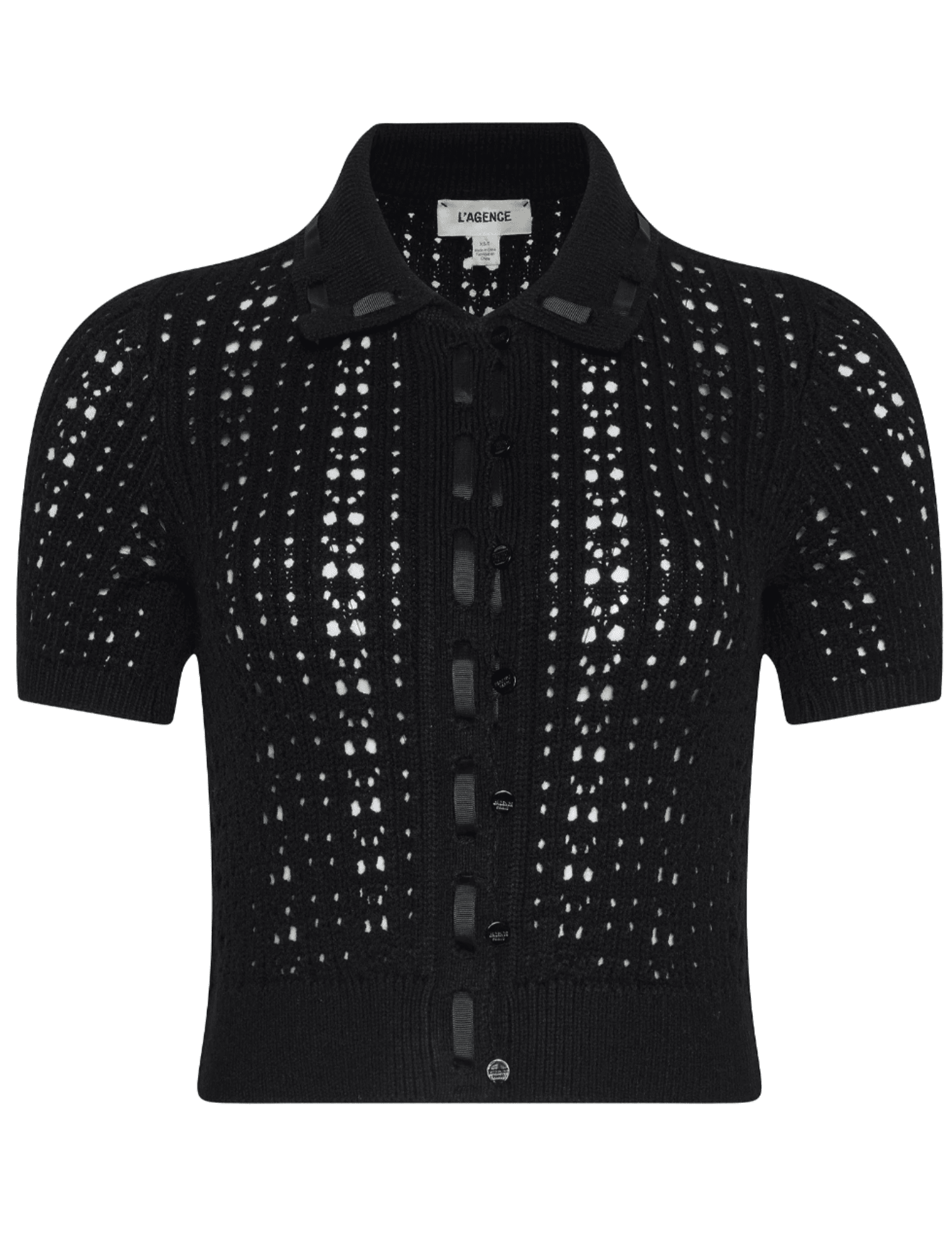 L’AGENCE Ninette black pointelle knit short sleeve top 