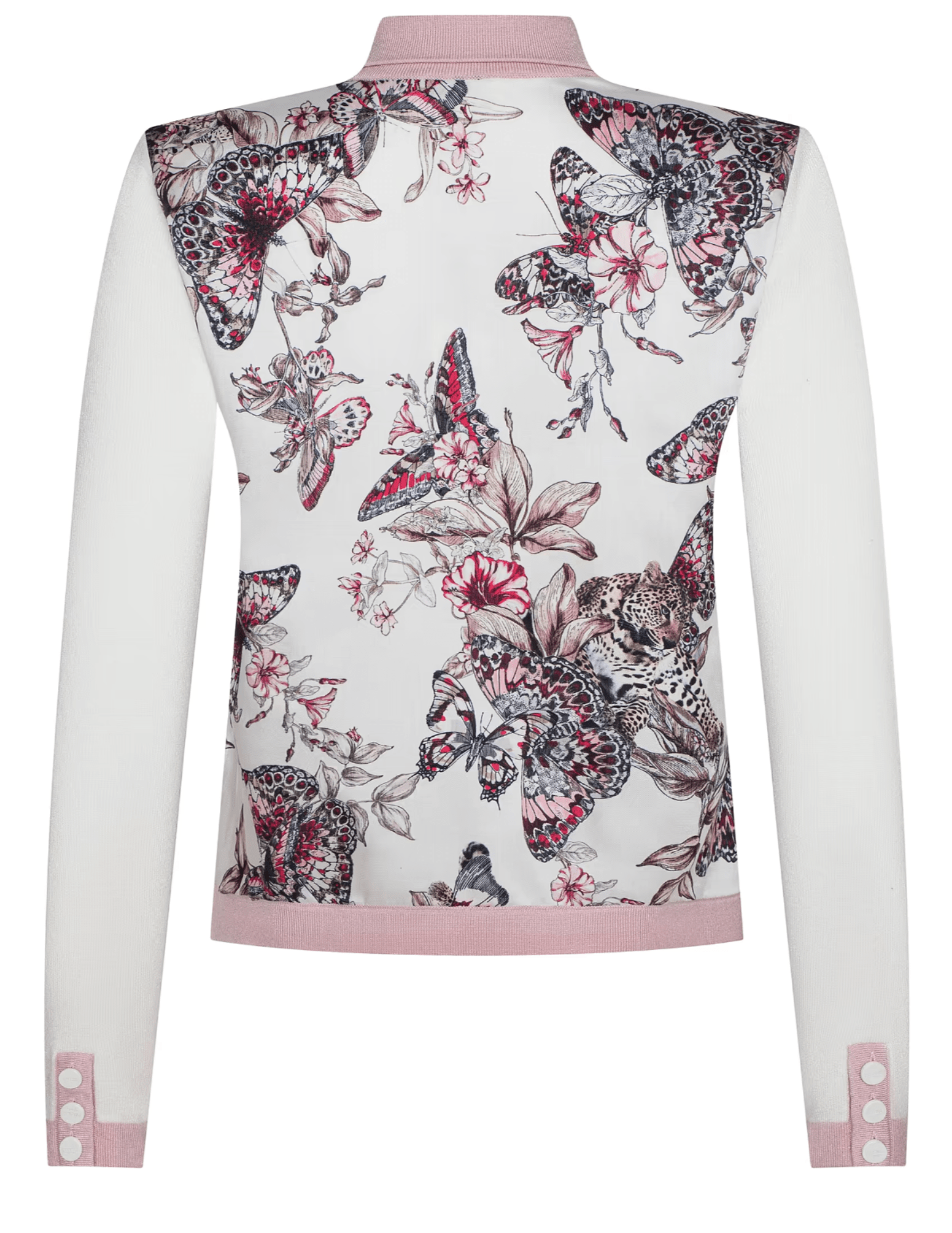 Back view of Nomi cardigan with butterfly jungle satin print panel