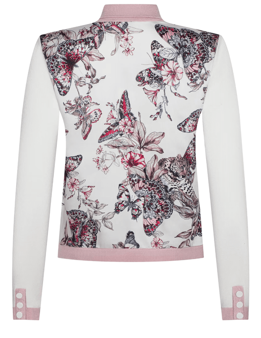 Back view of Nomi cardigan with butterfly jungle satin print panel