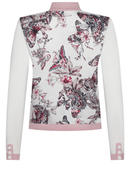 Back view of Nomi cardigan with butterfly jungle satin print panel