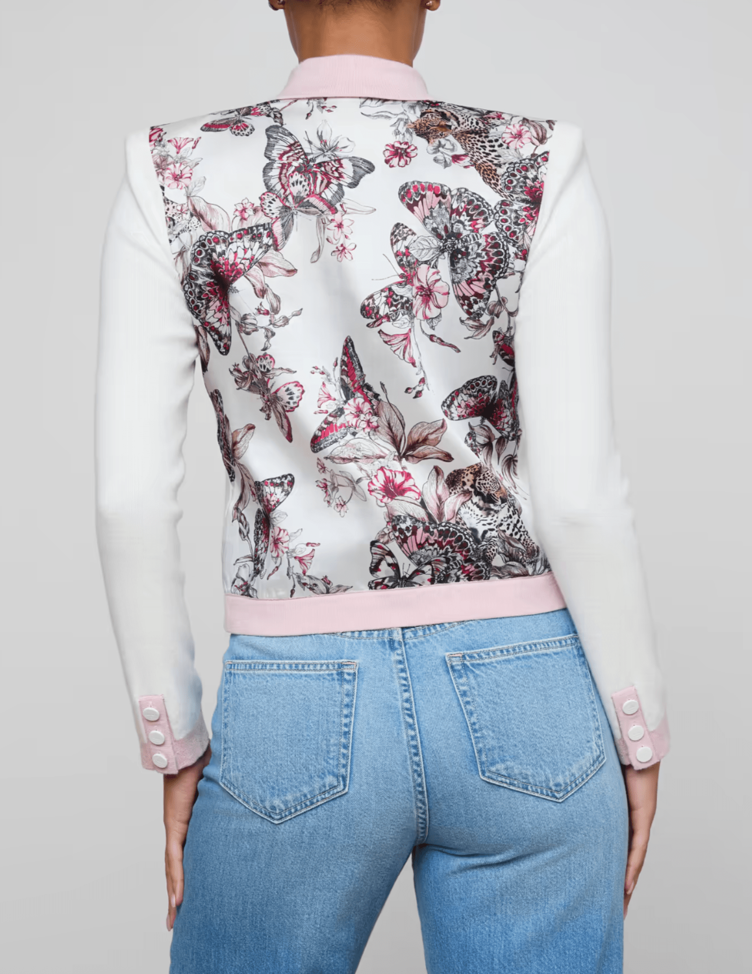 Back view of Nomi cardigan with butterfly jungle satin print panel