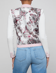 Back view of Nomi cardigan with butterfly jungle satin print panel
