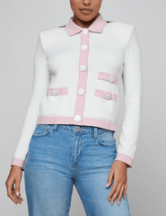 Front view of Nomi cardigan with butterfly jungle satin print panel