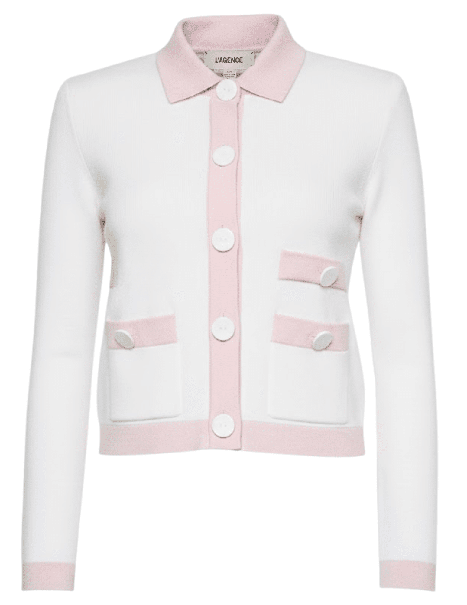 L’AGENCE Nomi satin back cardigan in ivory with pink trim