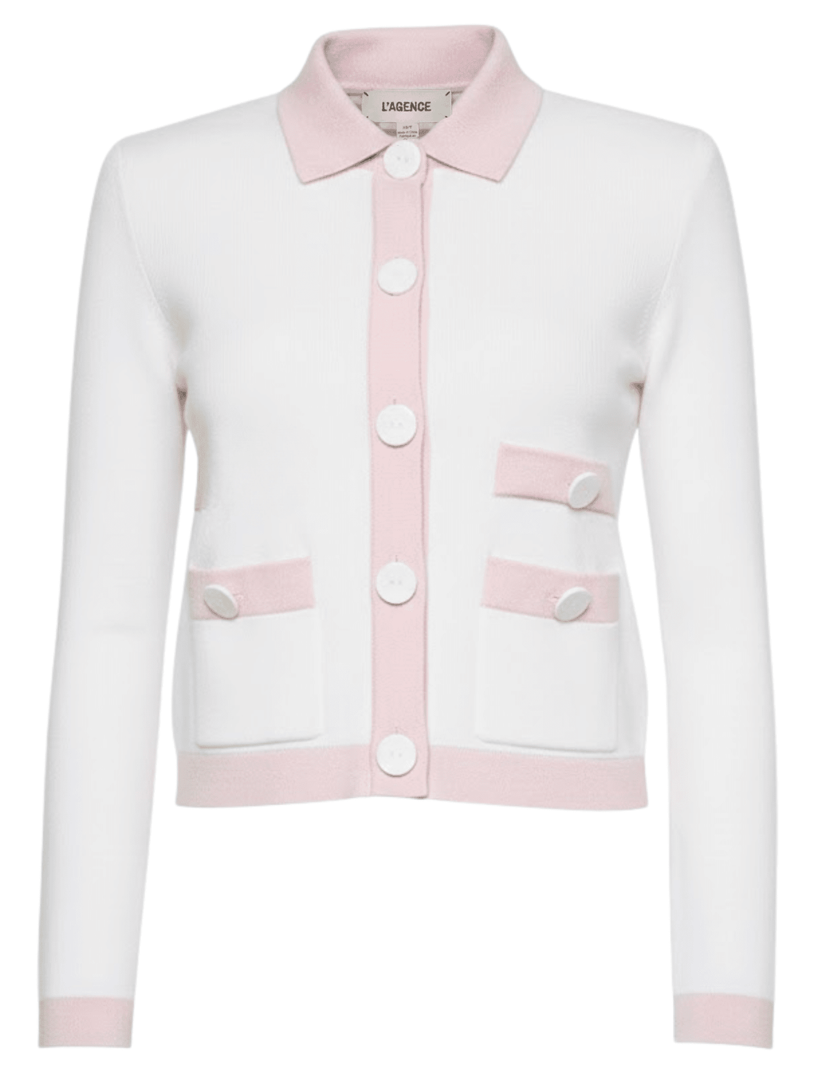 L’AGENCE Nomi satin back cardigan in ivory with pink trim