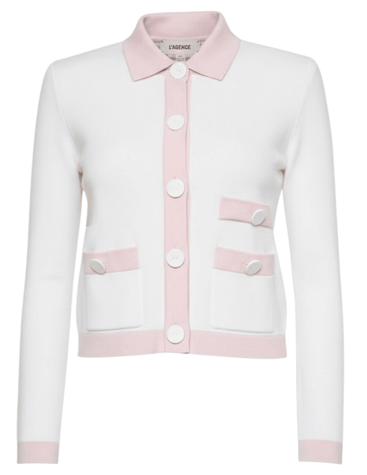 L’AGENCE Nomi satin back cardigan in ivory with pink trim